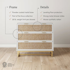 Rattan, Wood & Metal 3-Drawer Dressers White (Set of 2)