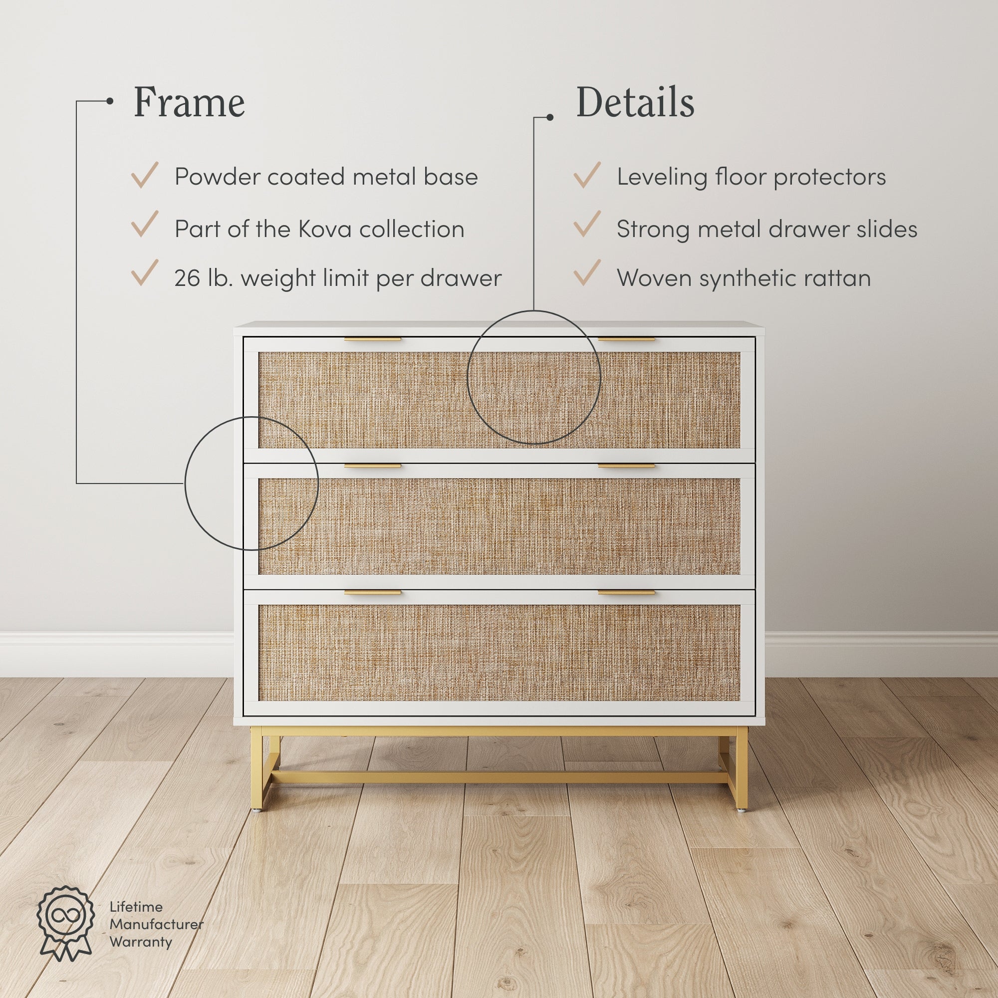 Rattan, Wood & Metal 3-Drawer Dresser White
