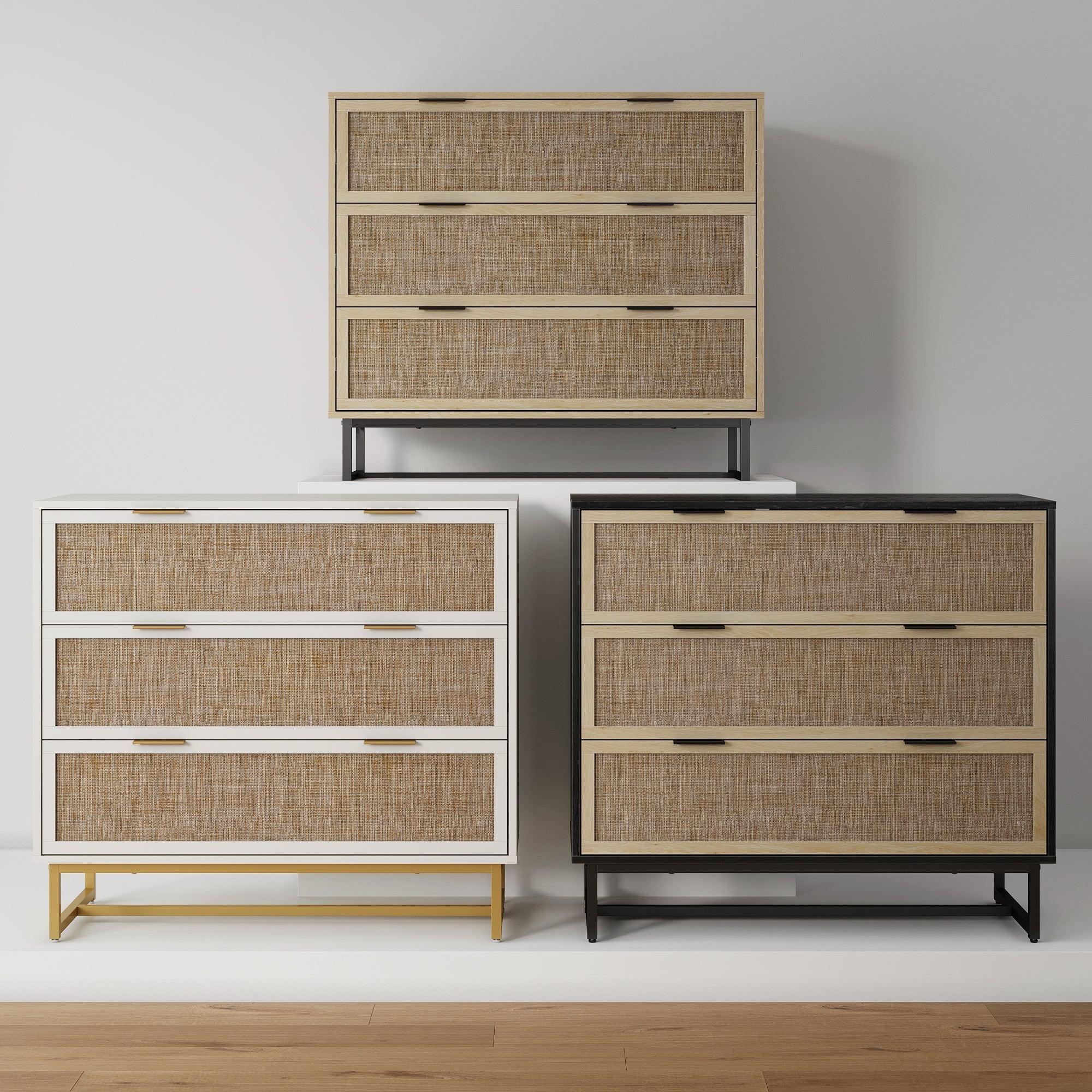 Rattan, Wood & Metal 3-Drawer Dresser Light Oak