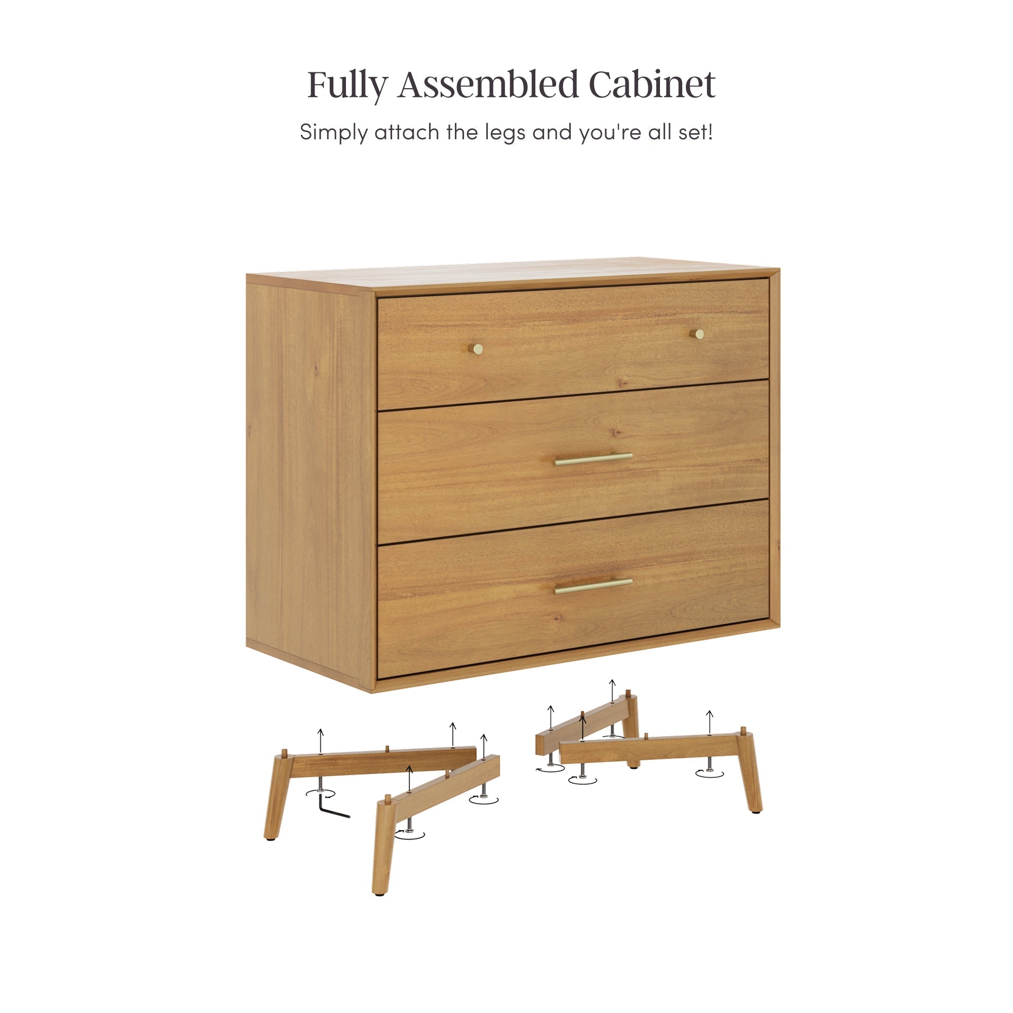 Mid-Century Modern Acacia 3 Drawer Dresser Set of 2