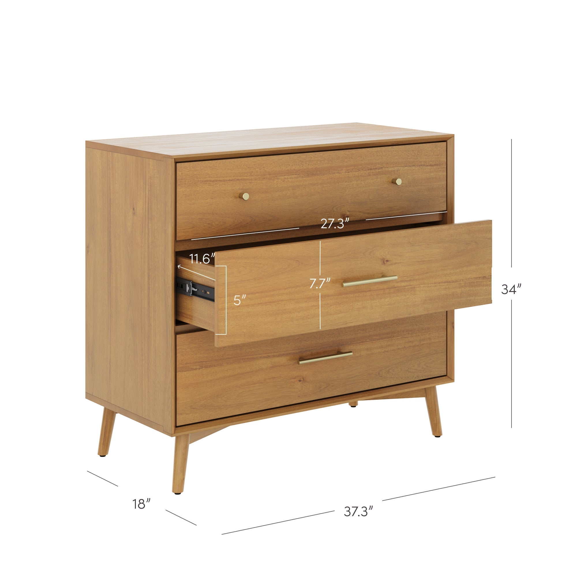 Mid-Century Modern Acacia 3 Drawer Dresser Set of 2