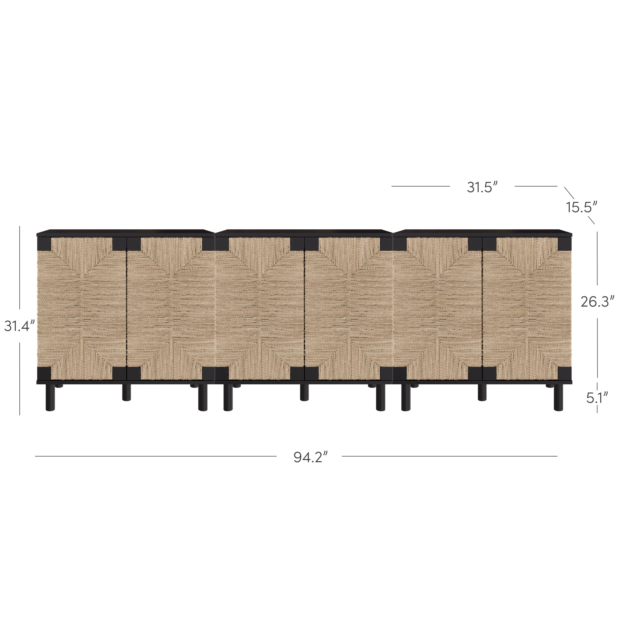 Seagrass Storage Cabinet Credenza Black (Set of 3)