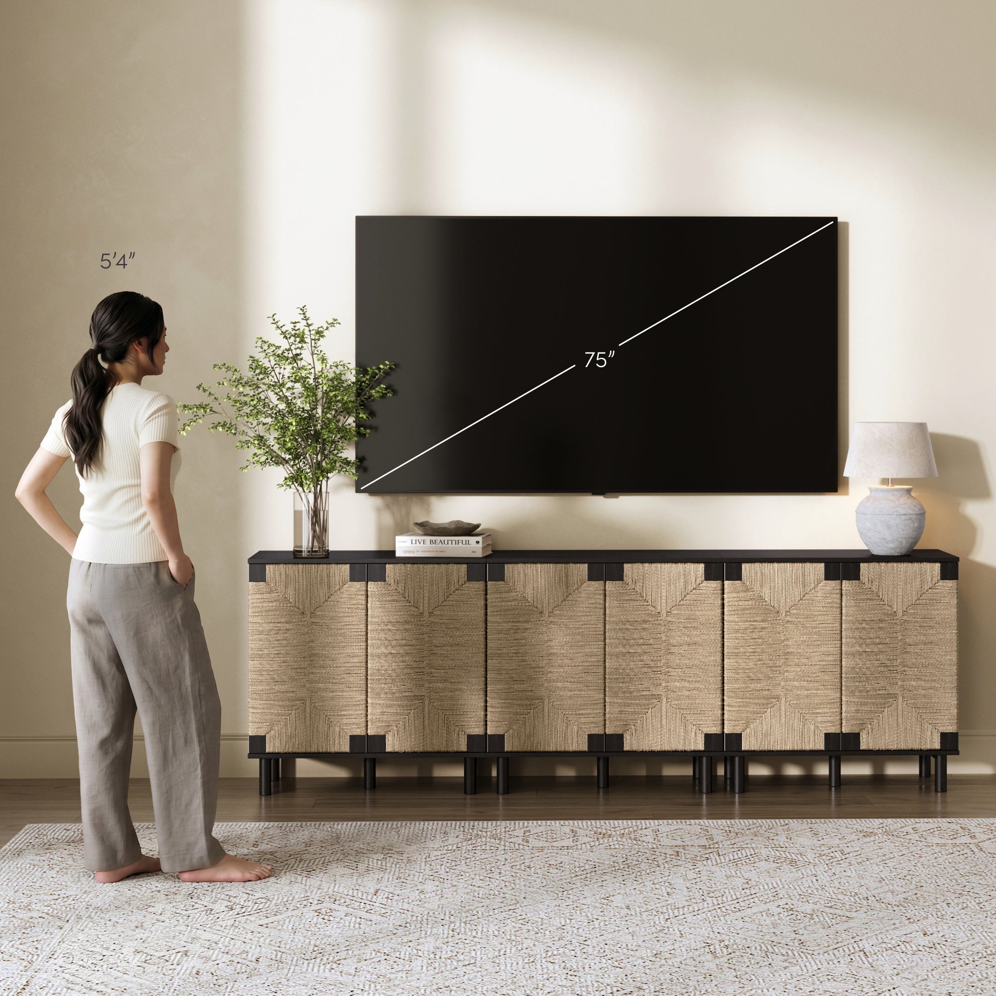 Seagrass Storage Cabinet Credenza Black (Set of 3)