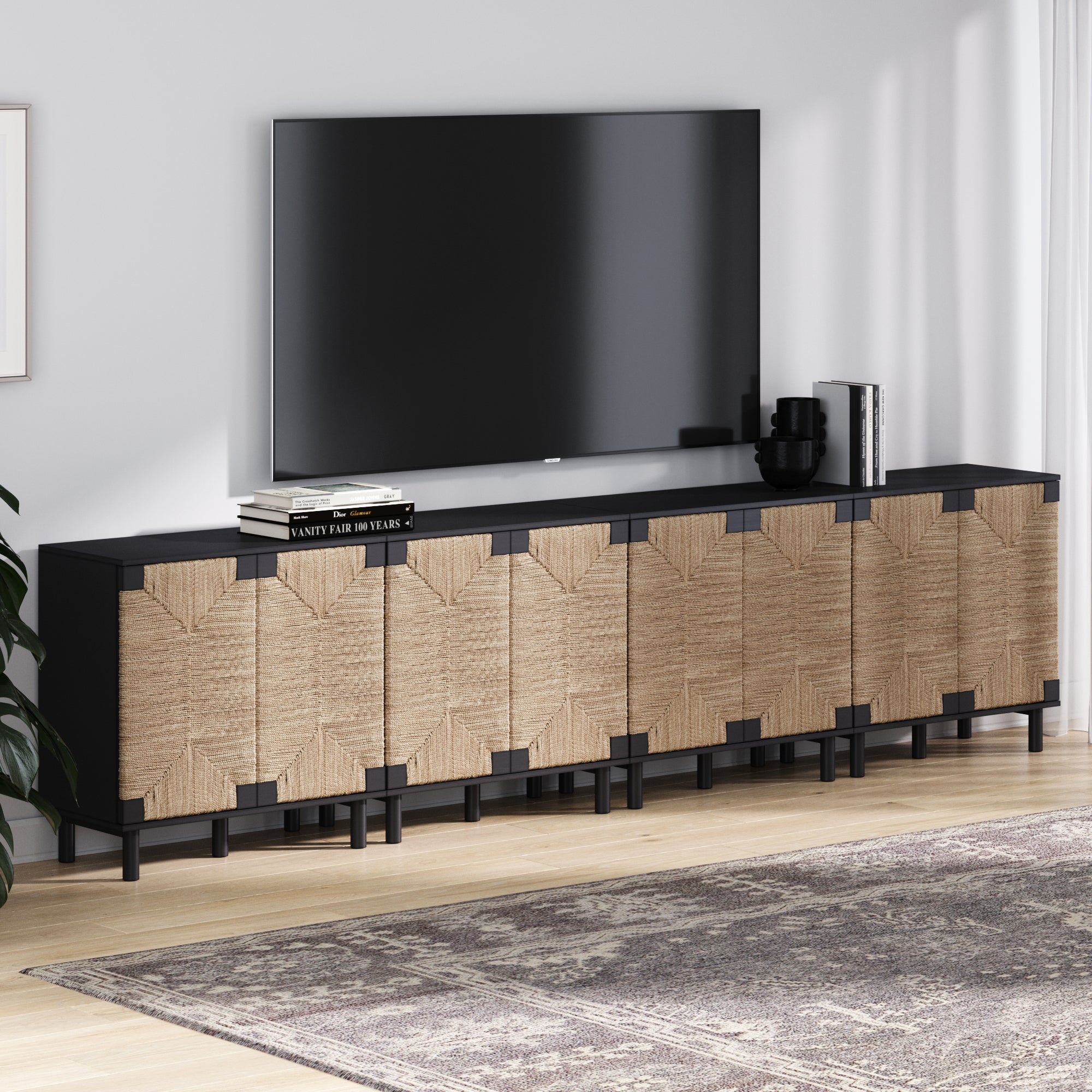 Large Seagrass Storage Cabinet Credenza Black (Set of 4)