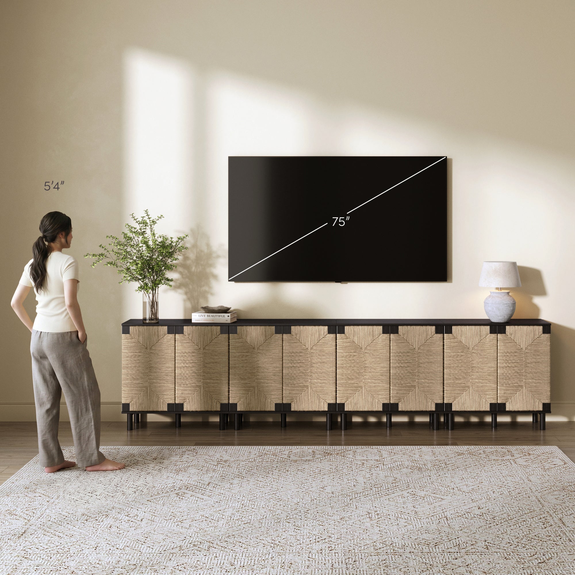 Large Seagrass Storage Cabinet Credenza Black (Set of 4)