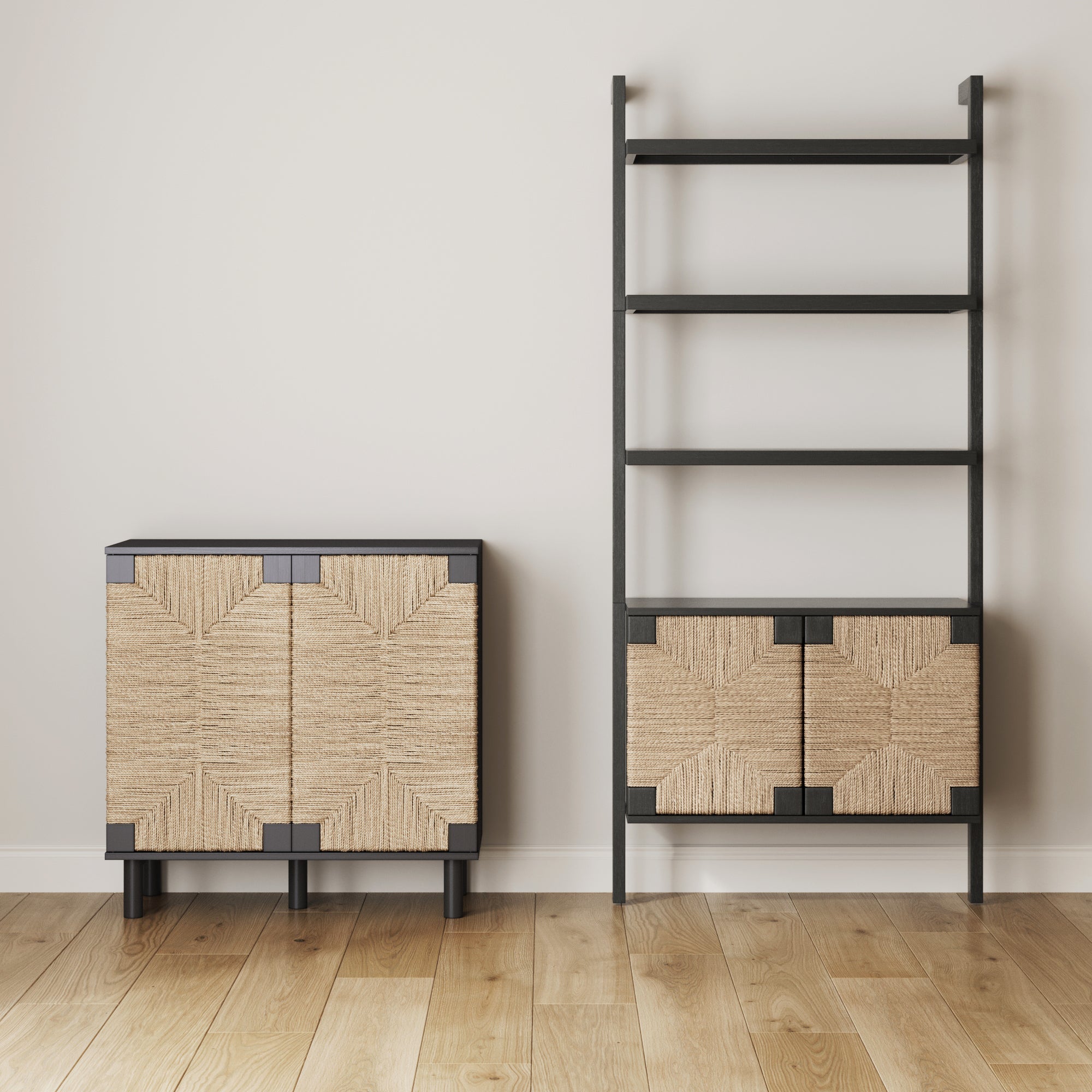 Seagrass Storage Cabinet Credenza Black (Set of 3)