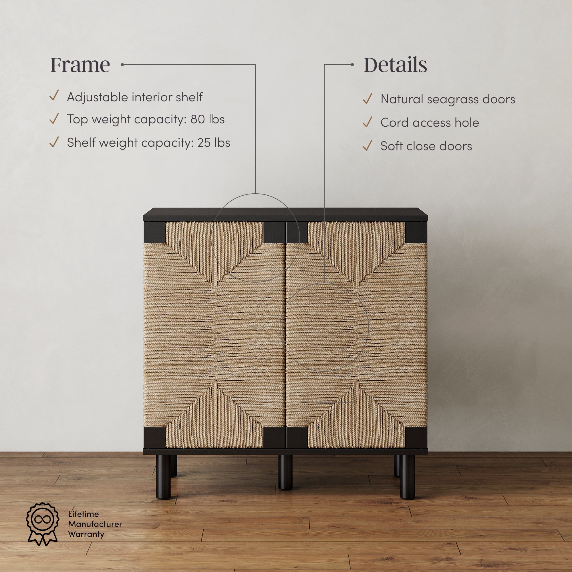 Seagrass Storage Cabinet Credenza Black (Set of 2)