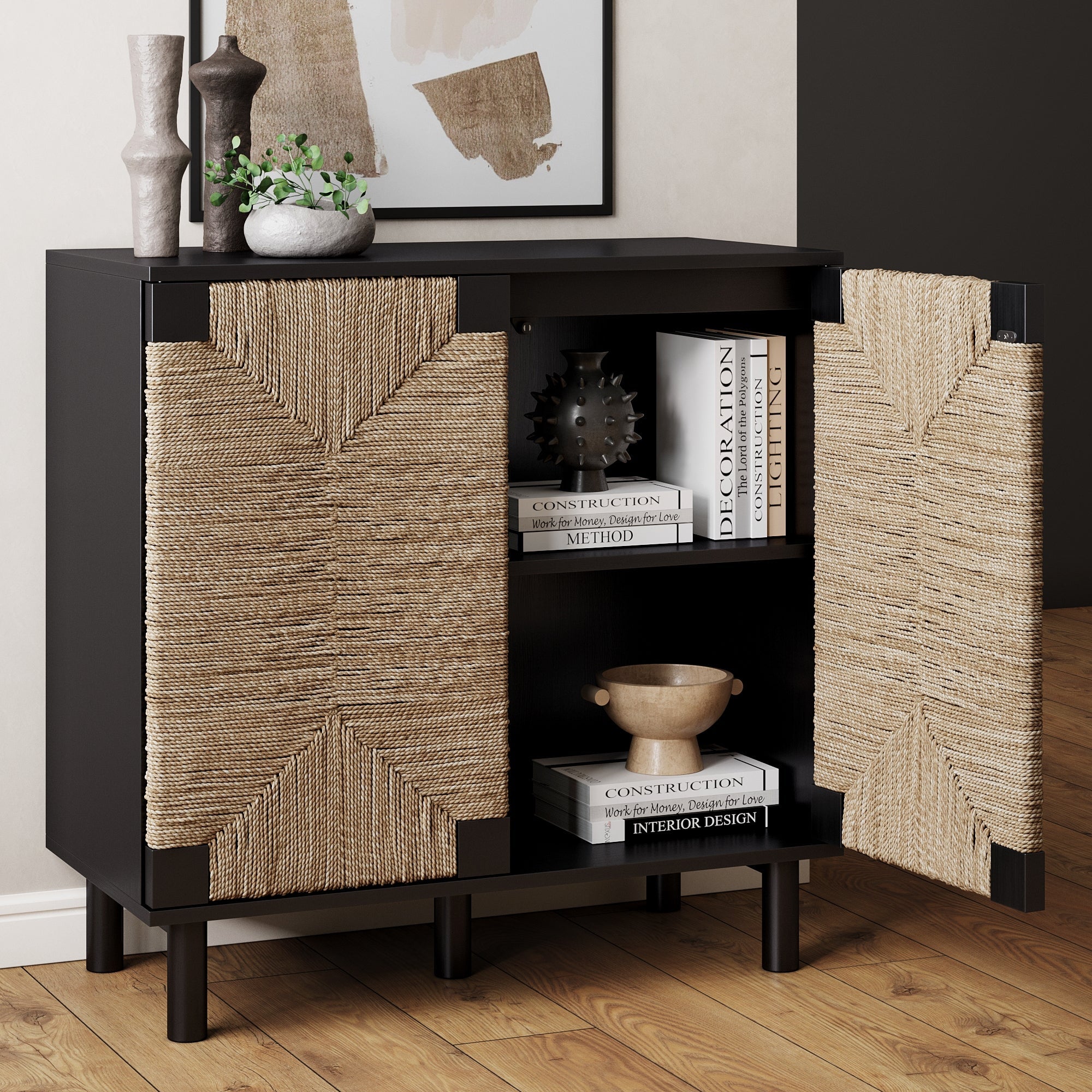 Seagrass Storage Cabinet Credenza Black (Set of 3)