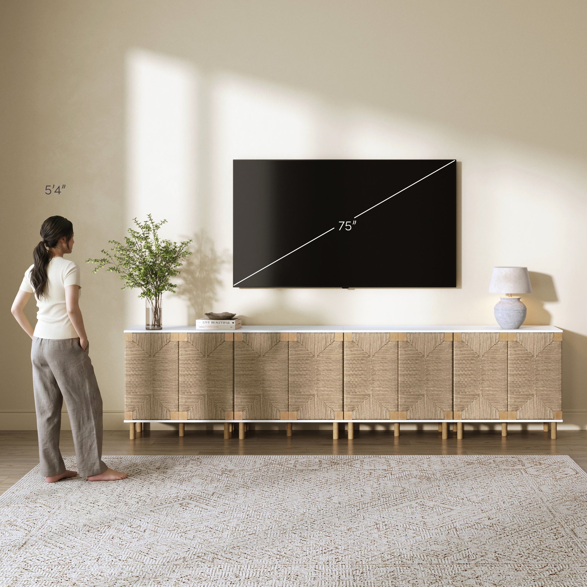 Large Seagrass Storage Cabinet Credenza White (Set of 4)