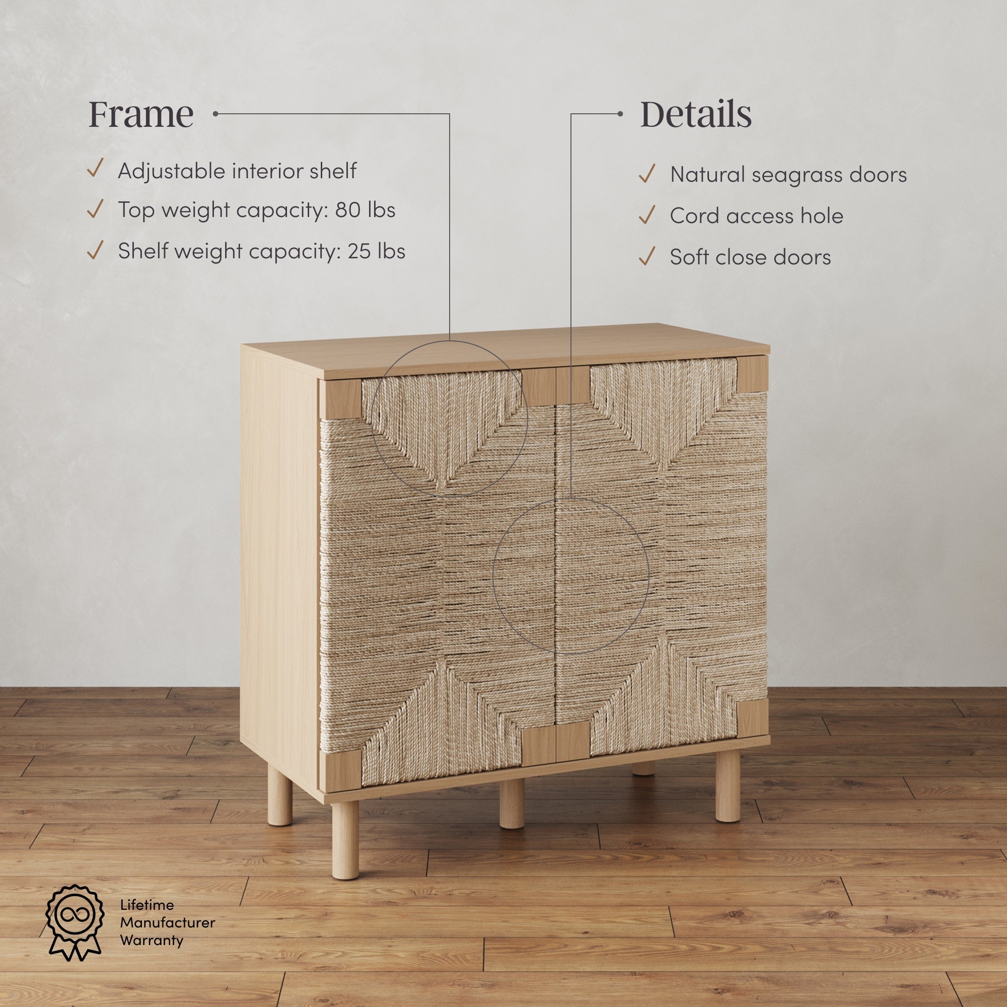 Seagrass Storage Cabinet Credenza Raw Oak (Set of 3)