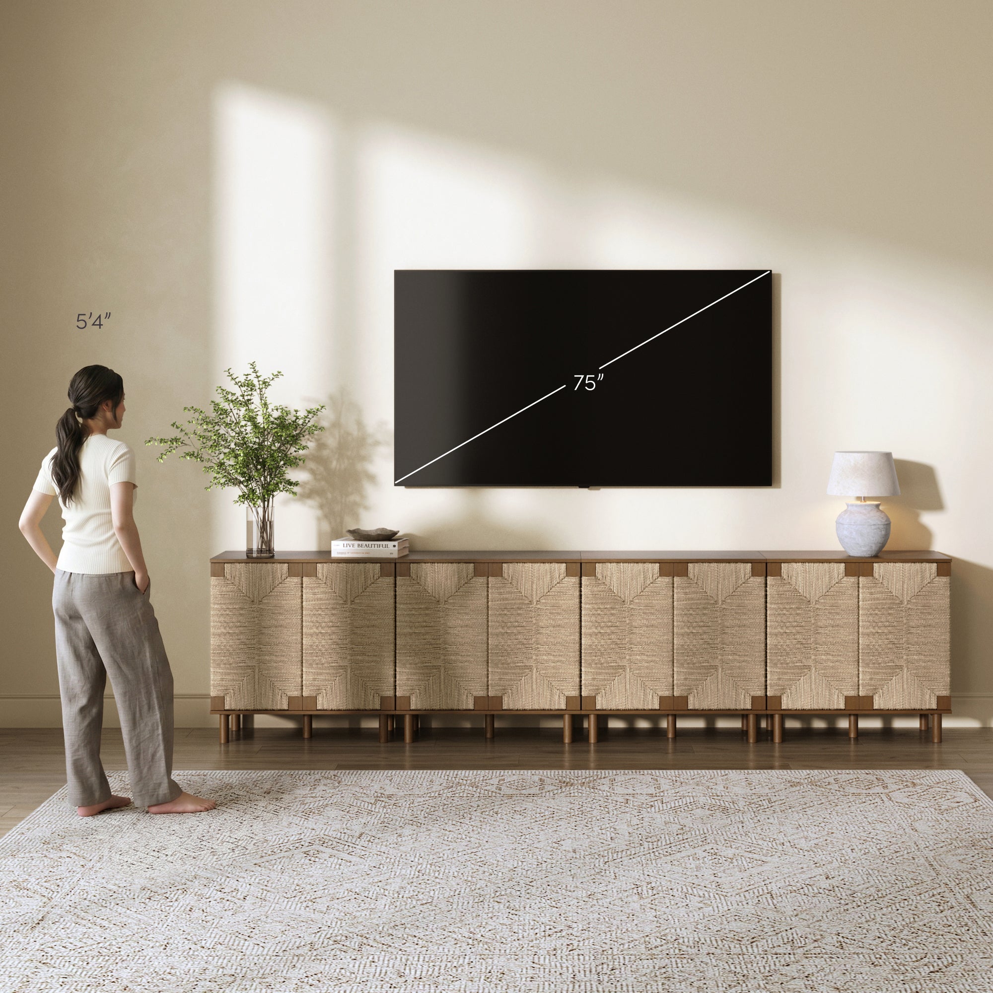 Large Seagrass Storage Cabinet Credenza Dark Brown (Set of 4)