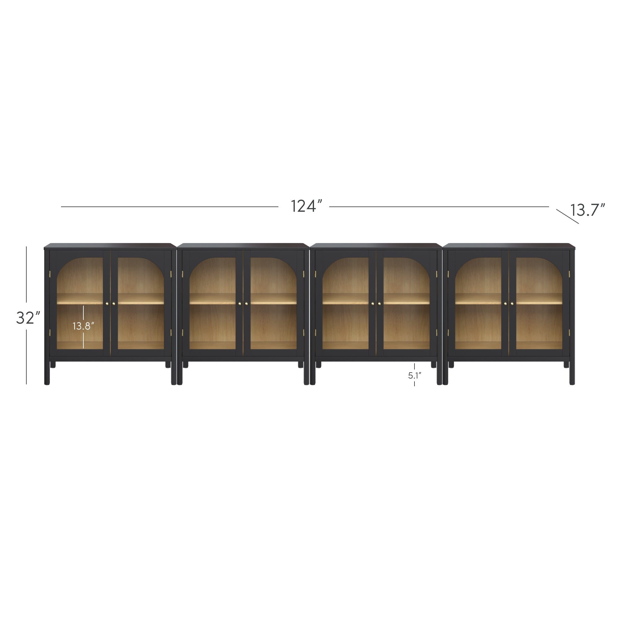 Large Glass Door Curio Cabinet Credenza Black (Set of 4)