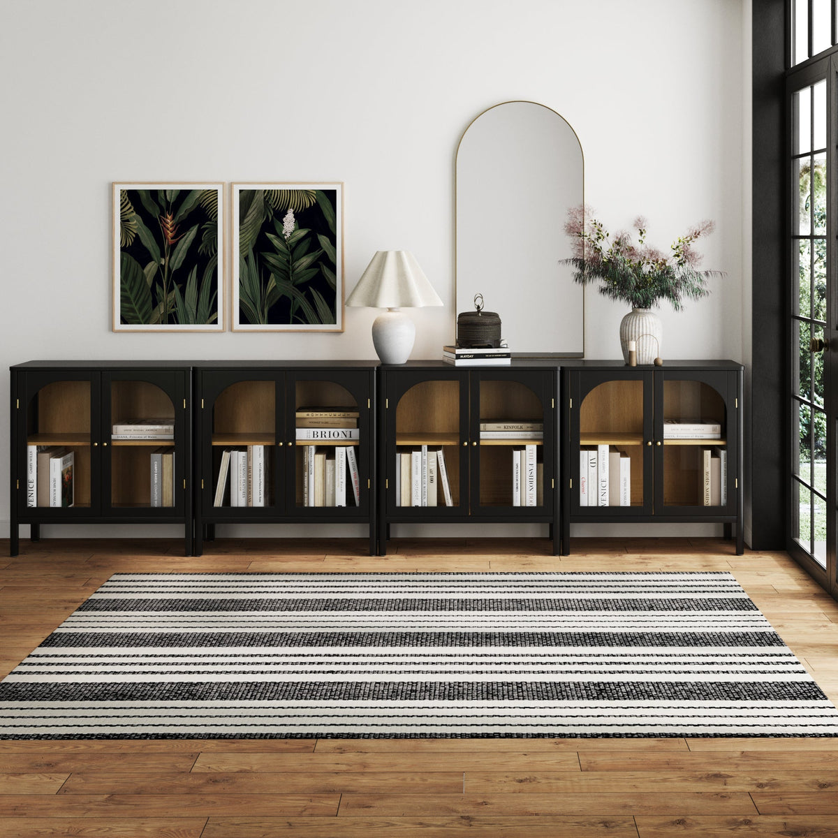 Large Glass Door Curio Cabinet Credenza Black (Set of 4)