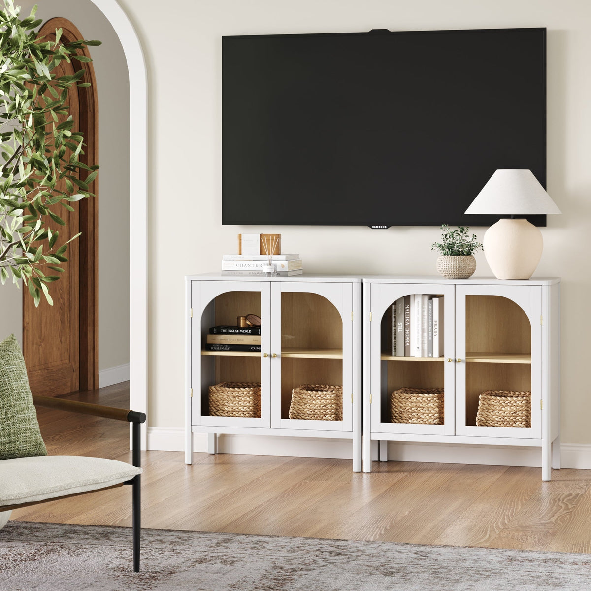 Arched Glass Door TV Console for TVs up to 65" White