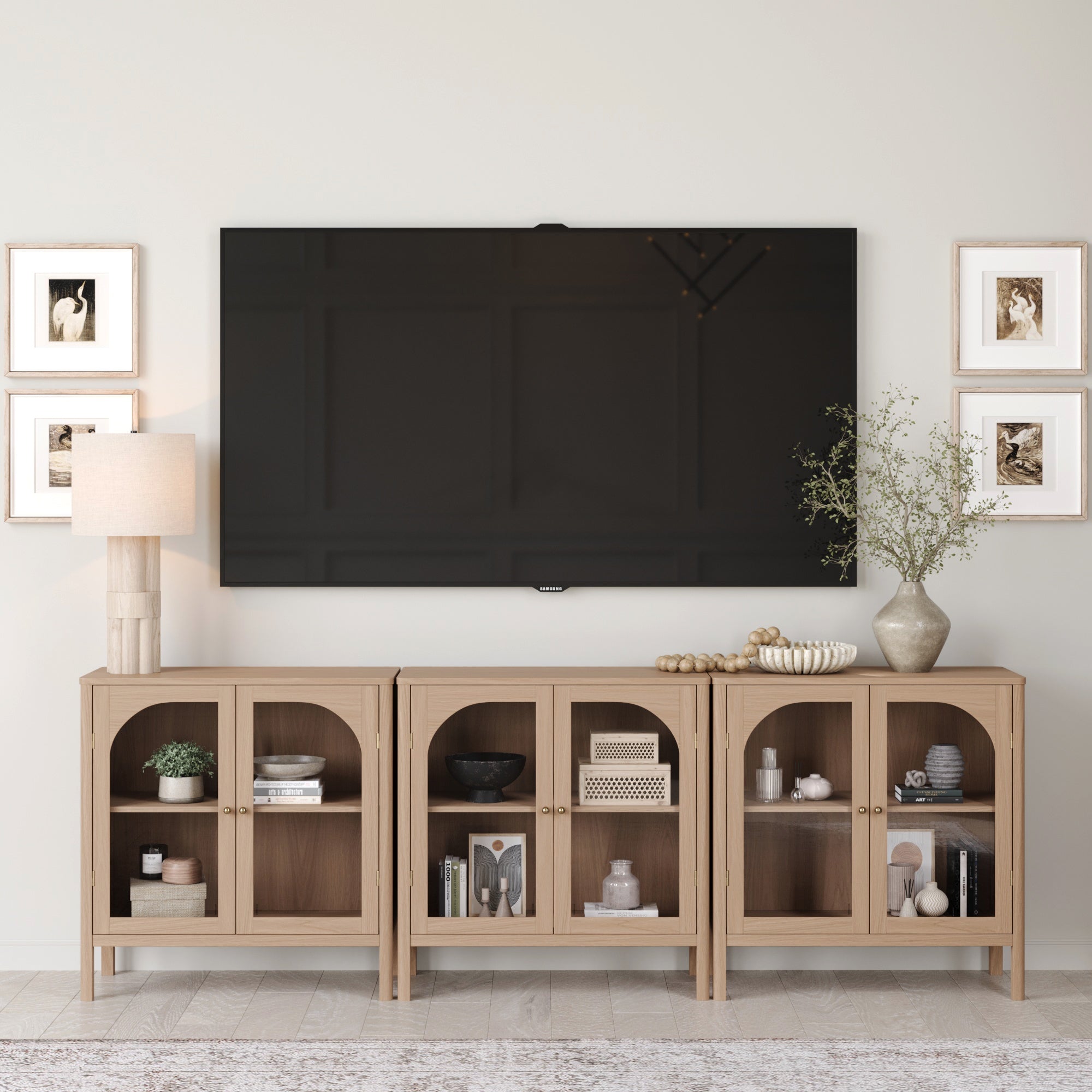 Curio Cabinet Credenza with Glass Door Raw Oak (Set of 3)