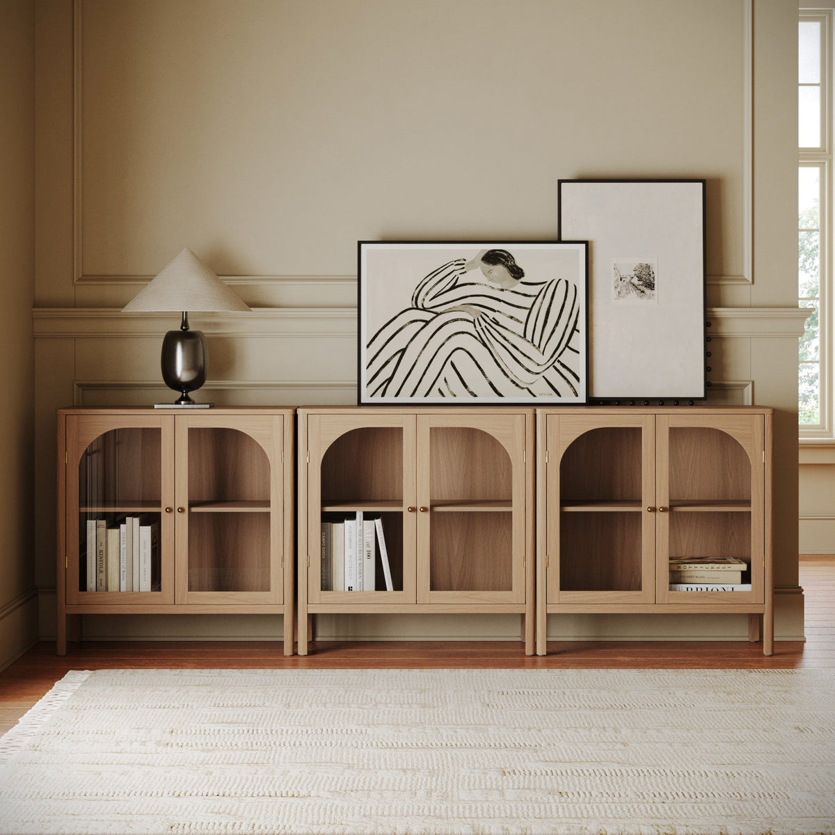 Curio Cabinet Credenza with Glass Door Raw Oak (Set of 3)