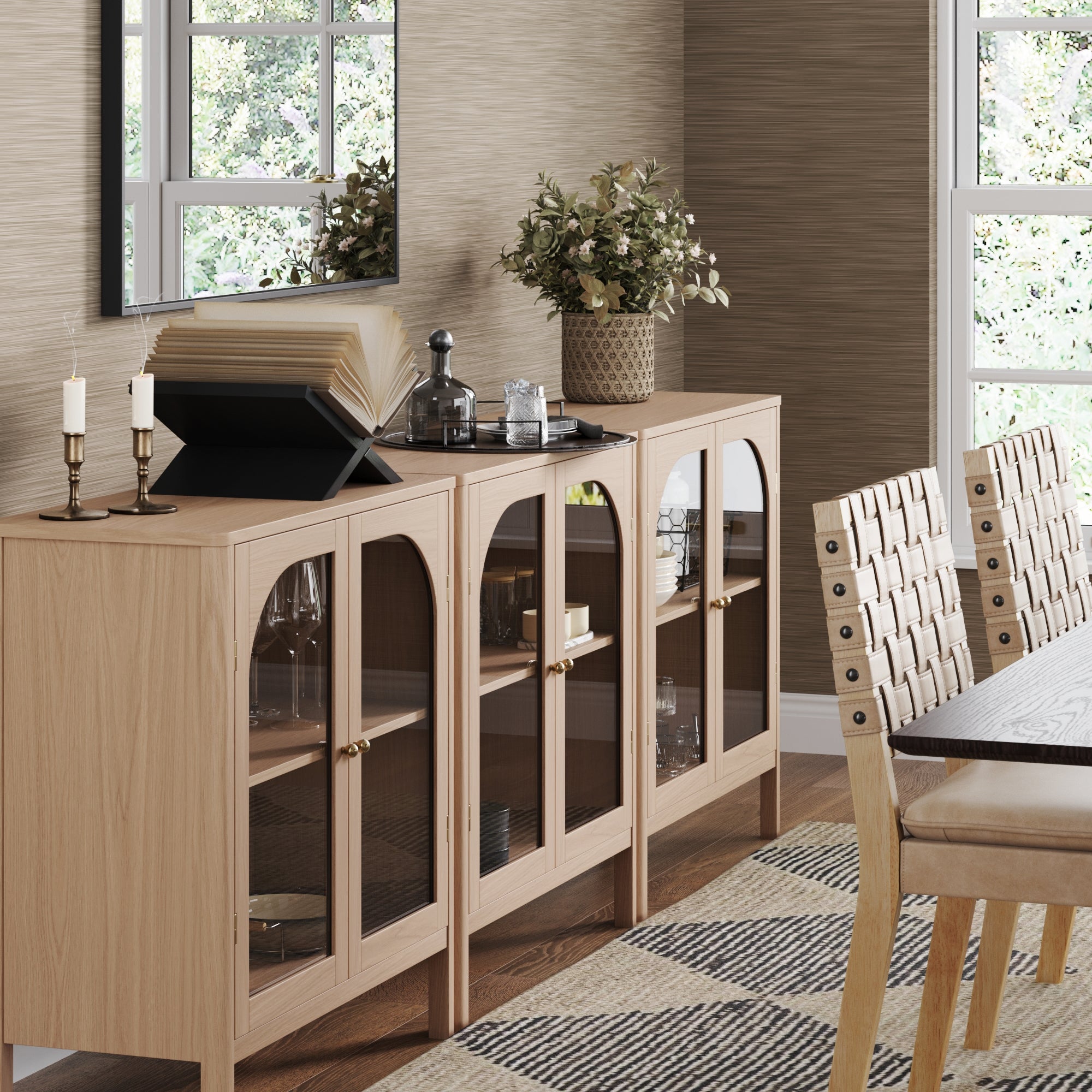 Curio Cabinet Credenza with Glass Door Raw Oak (Set of 3)
