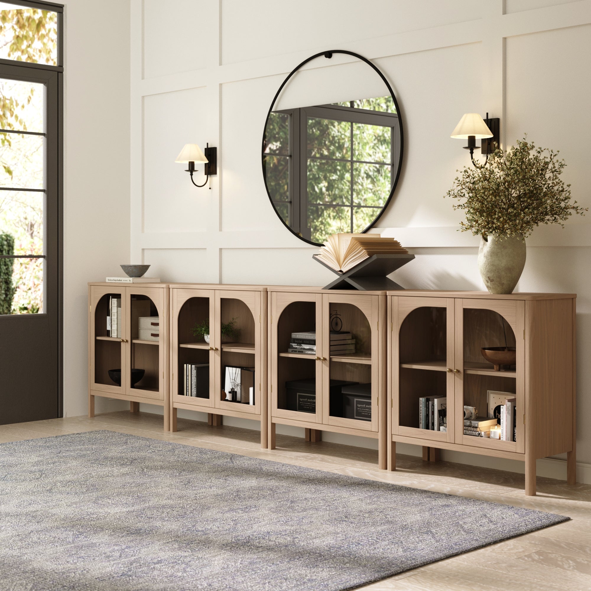 Large Glass Door Curio Cabinet Credenza Raw Oak (Set of 4)