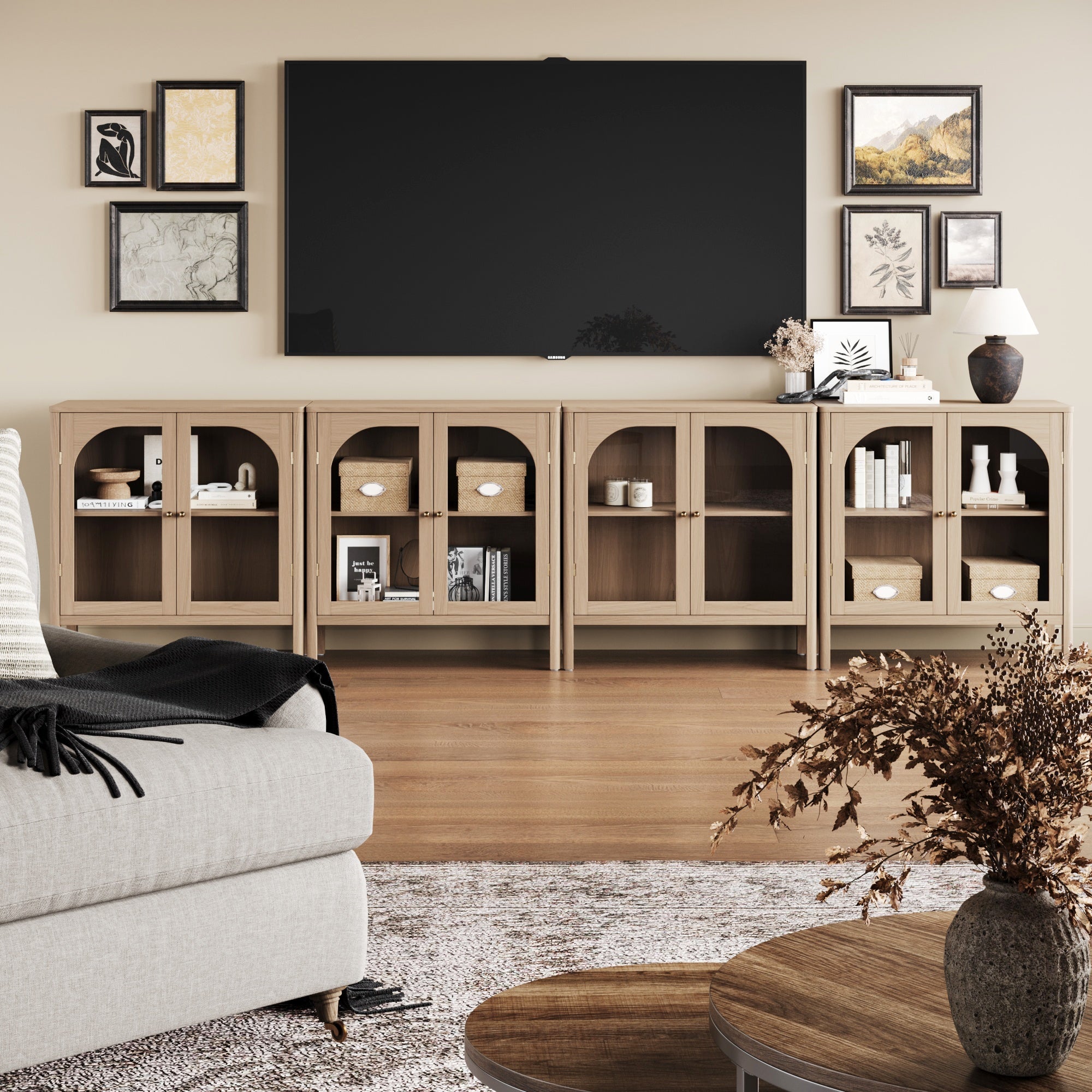 Large Glass Door Curio Cabinet Credenza Raw Oak (Set of 4)