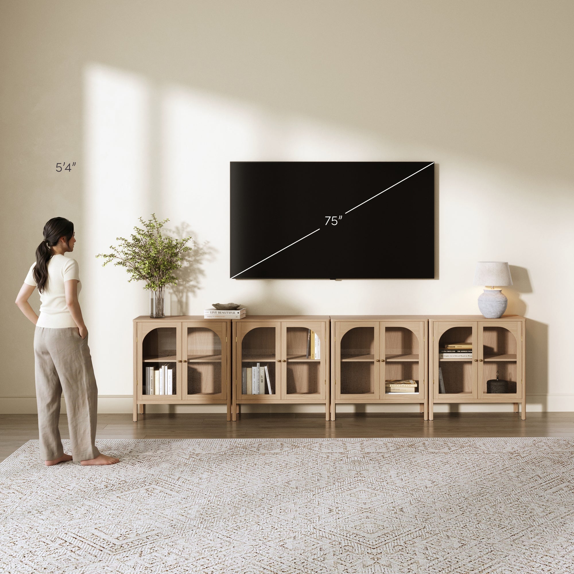 Arched Glass Door TV Console for TVs up to 100" Raw Oak
