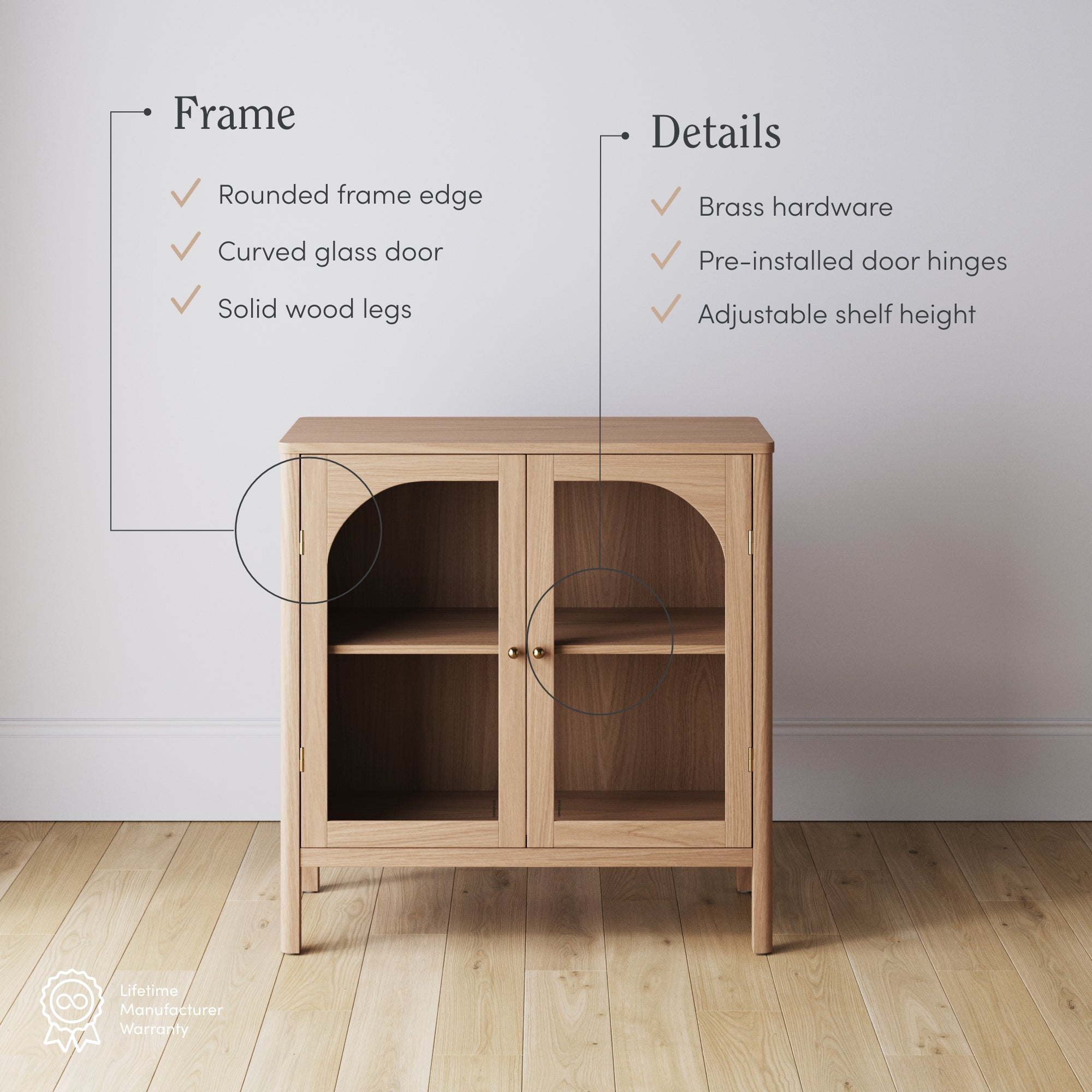 Arched Glass Door TV Console for TVs up to 100" Raw Oak