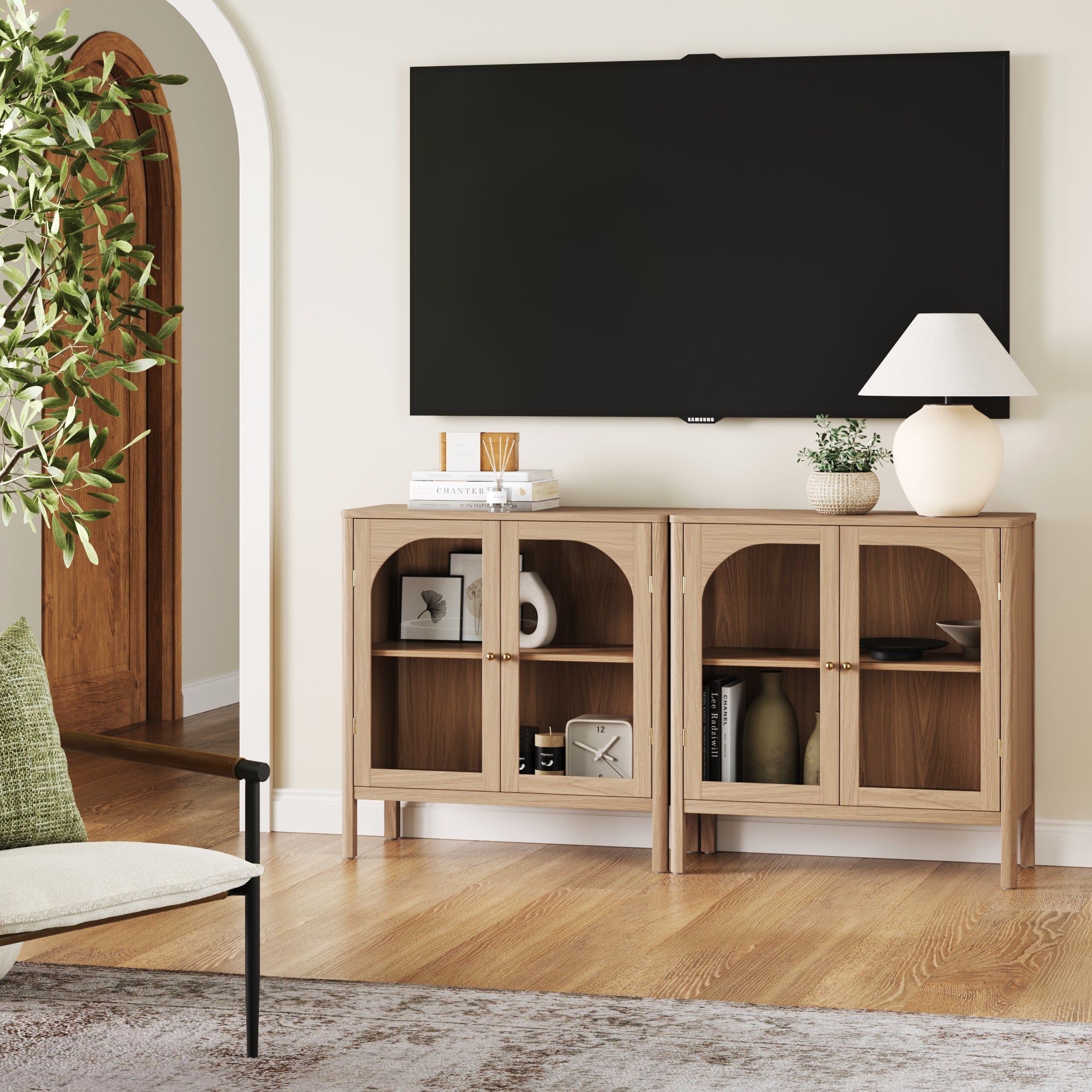 Curio Cabinet Credenza with Glass Door Raw Oak (Set of 2)