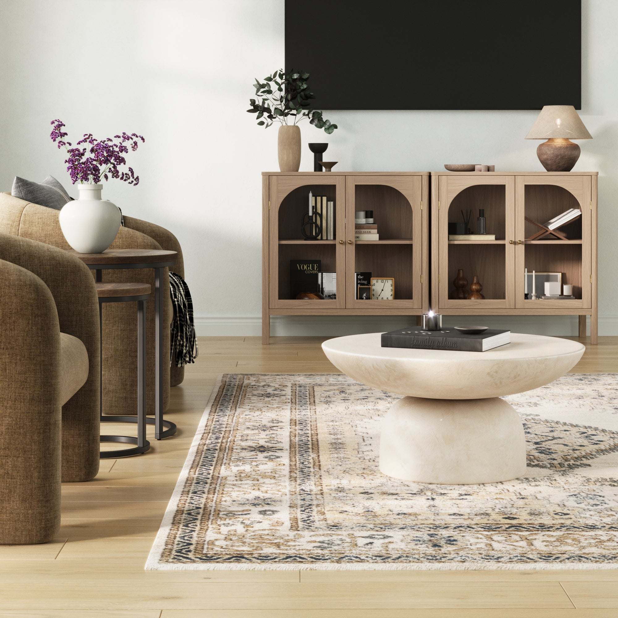 Curio Cabinet Credenza with Glass Door Raw Oak (Set of 2)
