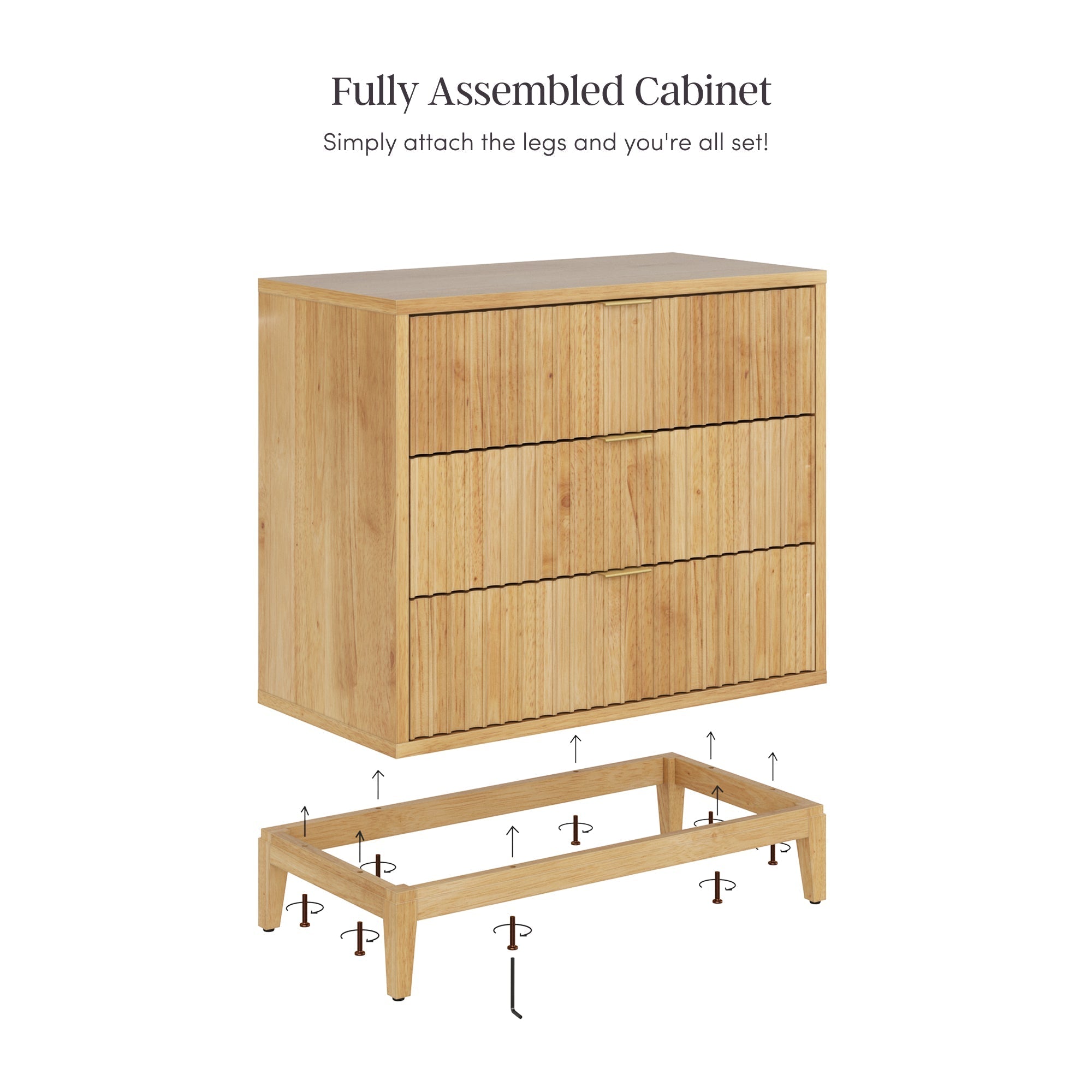 Mid-Century Fluted 3-Drawer Dressers Warm Pine (Set of 2)