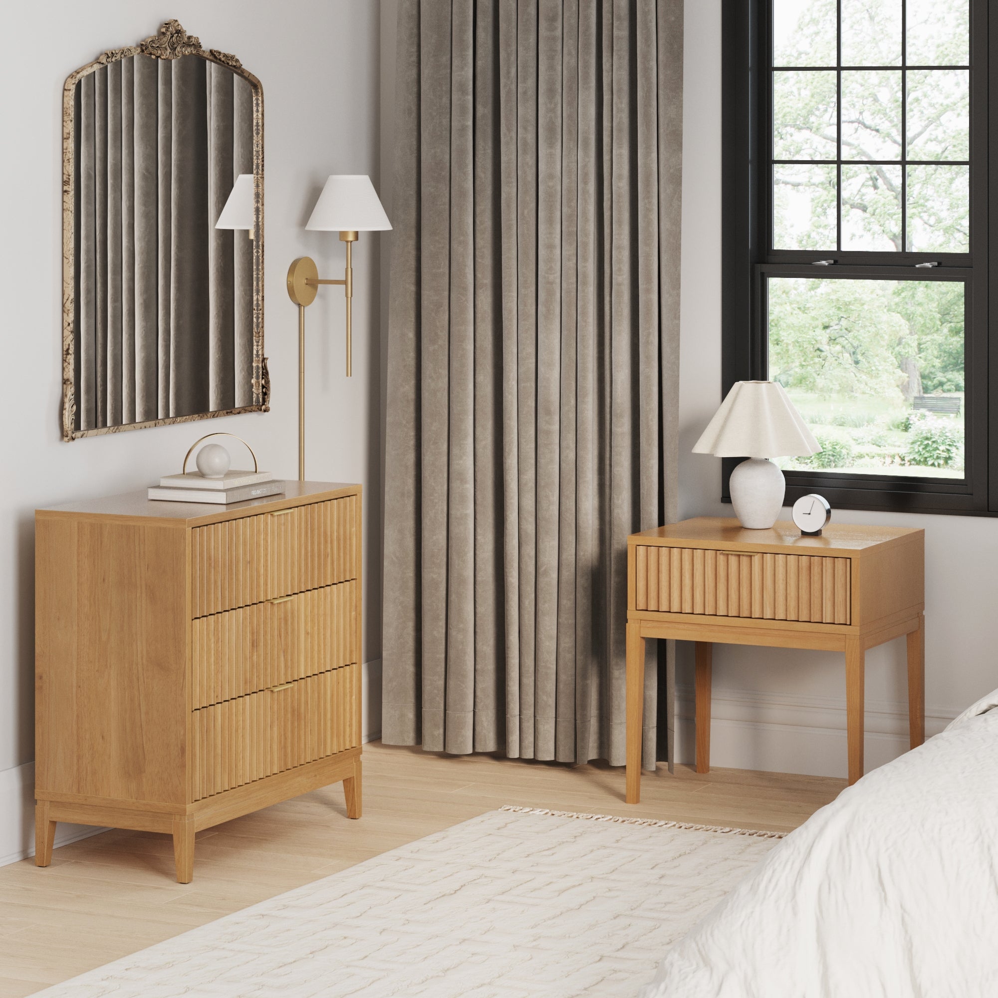 Fluted Dresser and 2 Nightstands Set Warm Pine