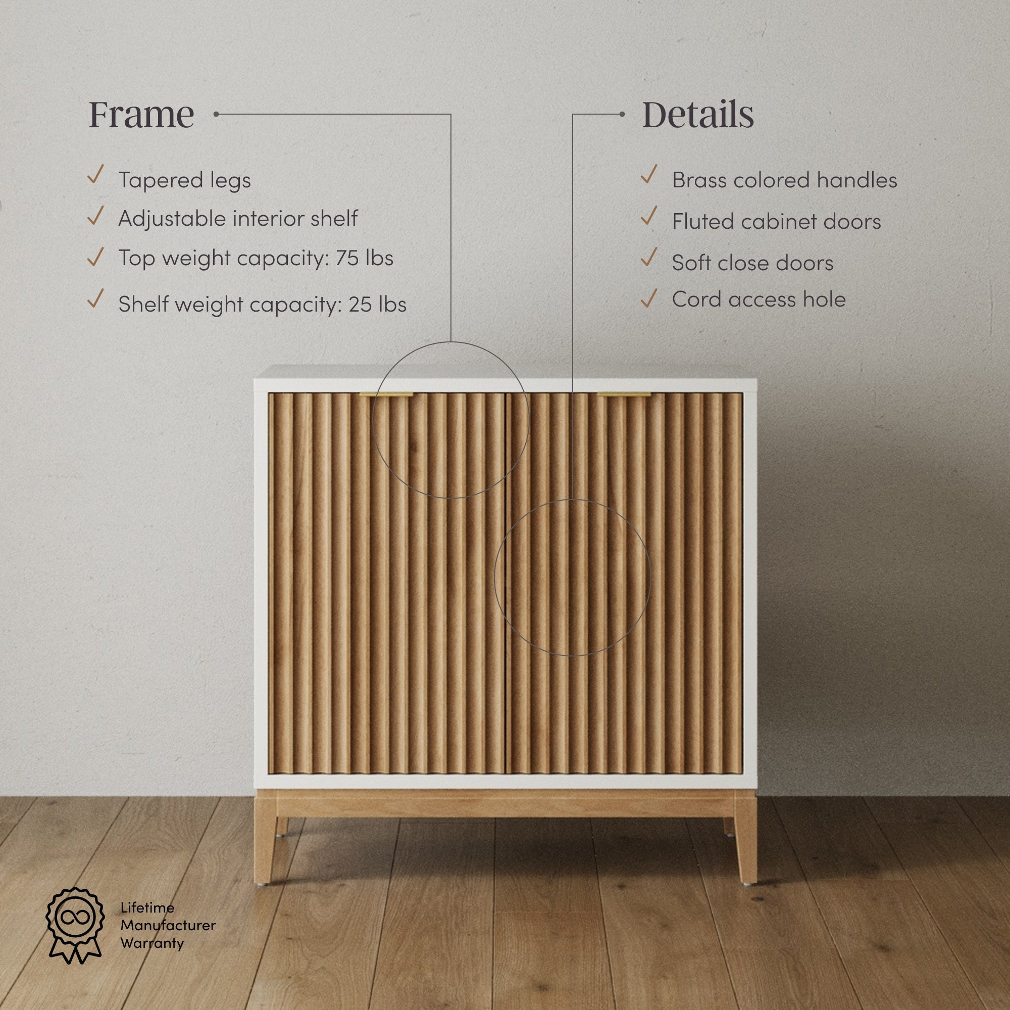 Mid-Century Fluted Wood Credenza Warm White (Set of 4)