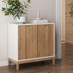 Mid-Century Fluted Storage Cabinet Warm White Warm Pine