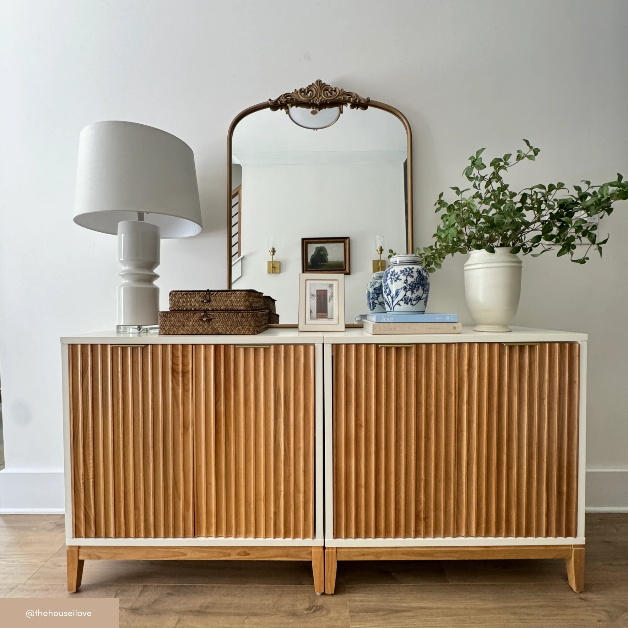 Mid-Century Fluted Storage Cabinet Warm White Warm Pine