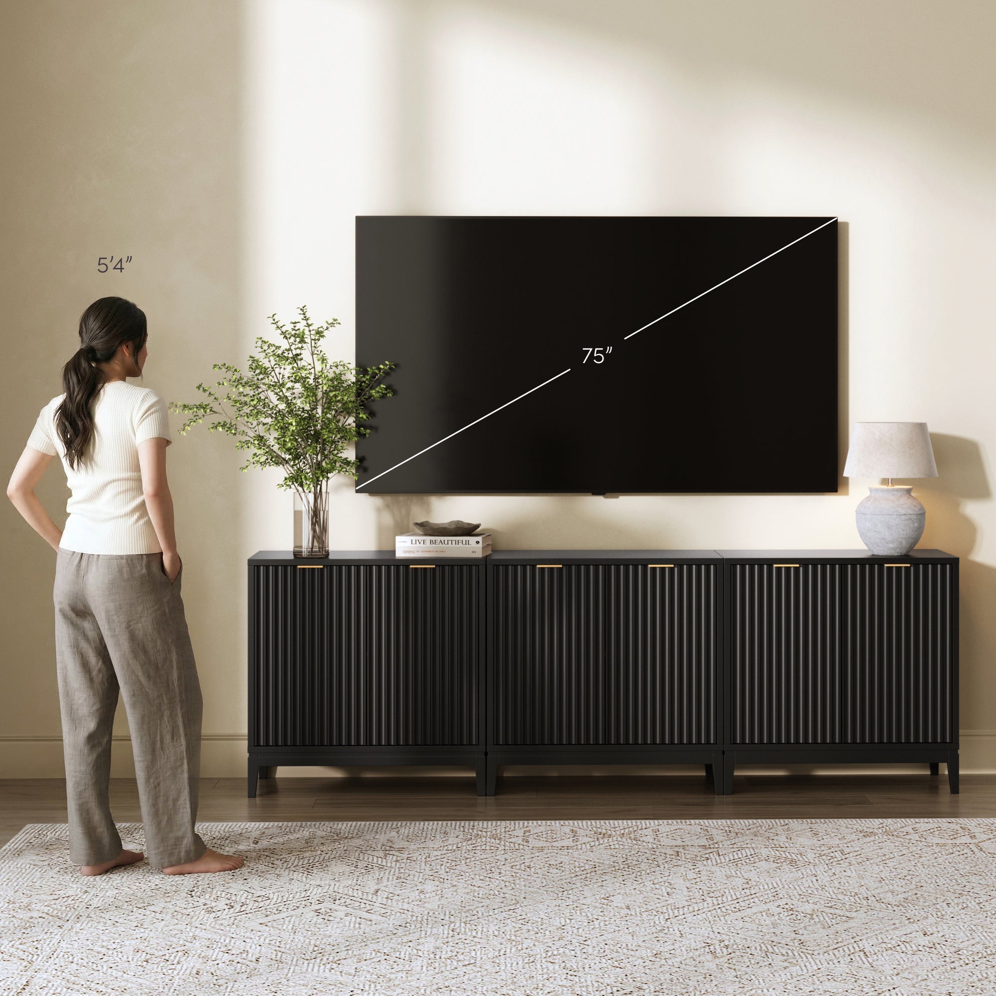 Mid-Century Fluted Storage Cabinet Credenza Black Oak (Set of 3)