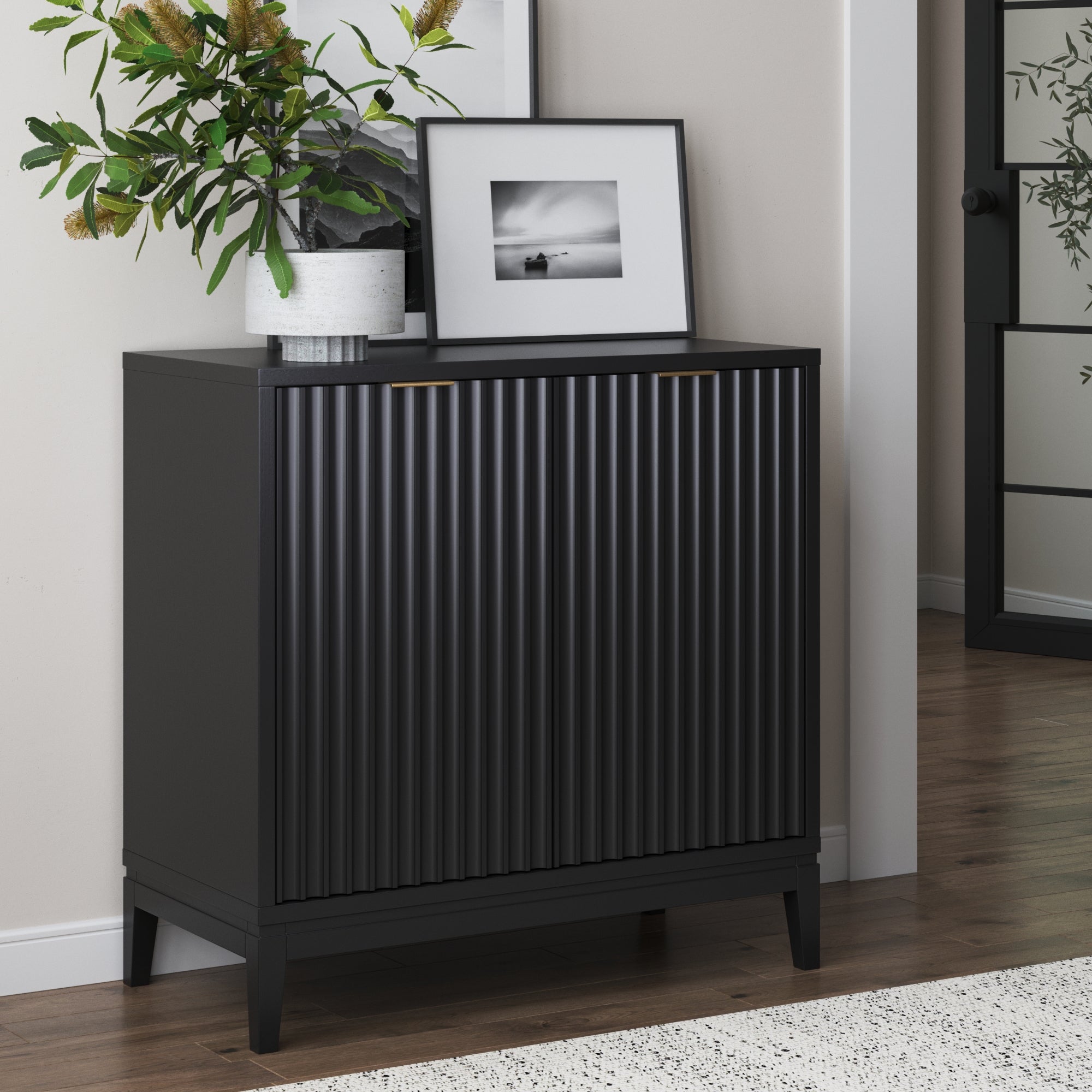 Mid-Century Fluted Storage Cabinet Black Oak