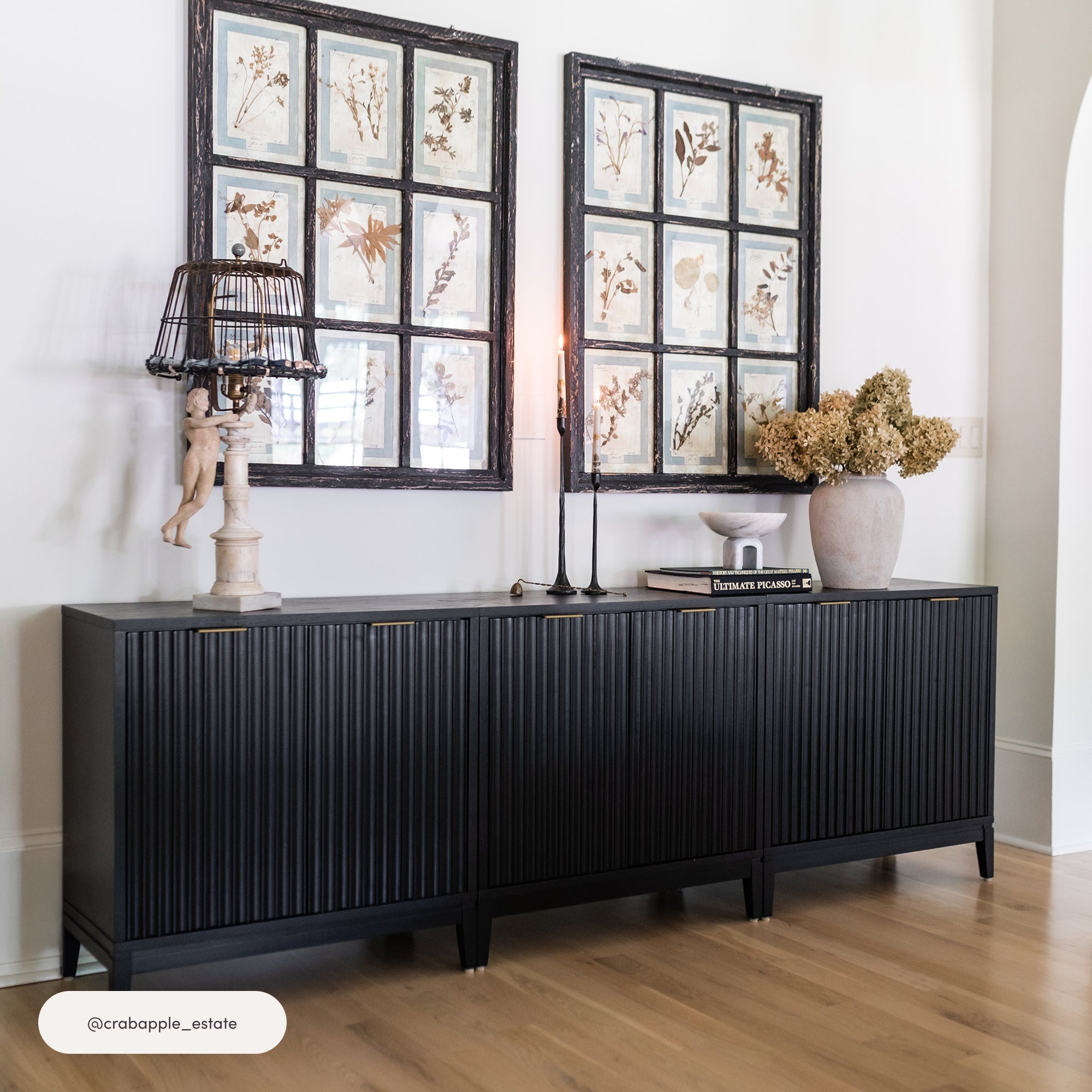 Mid-Century Fluted Storage Cabinet Credenza Black Oak (Set of 3)