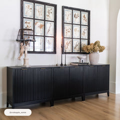 Mid-Century Fluted Storage Cabinet Credenza Black Oak (Set of 3)