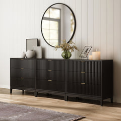 Mid-Century Fluted 9-Drawer Extra Large Dresser Black (Set of 3)