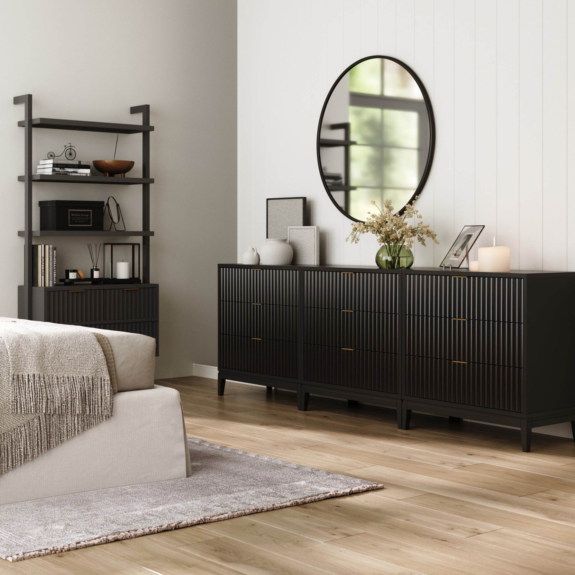 Mid-Century Fluted 9-Drawer Extra Large Dresser Black (Set of 3)