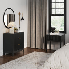 Mid-Century Wooden Fluted Dresser & Nightstand Set Black Oak