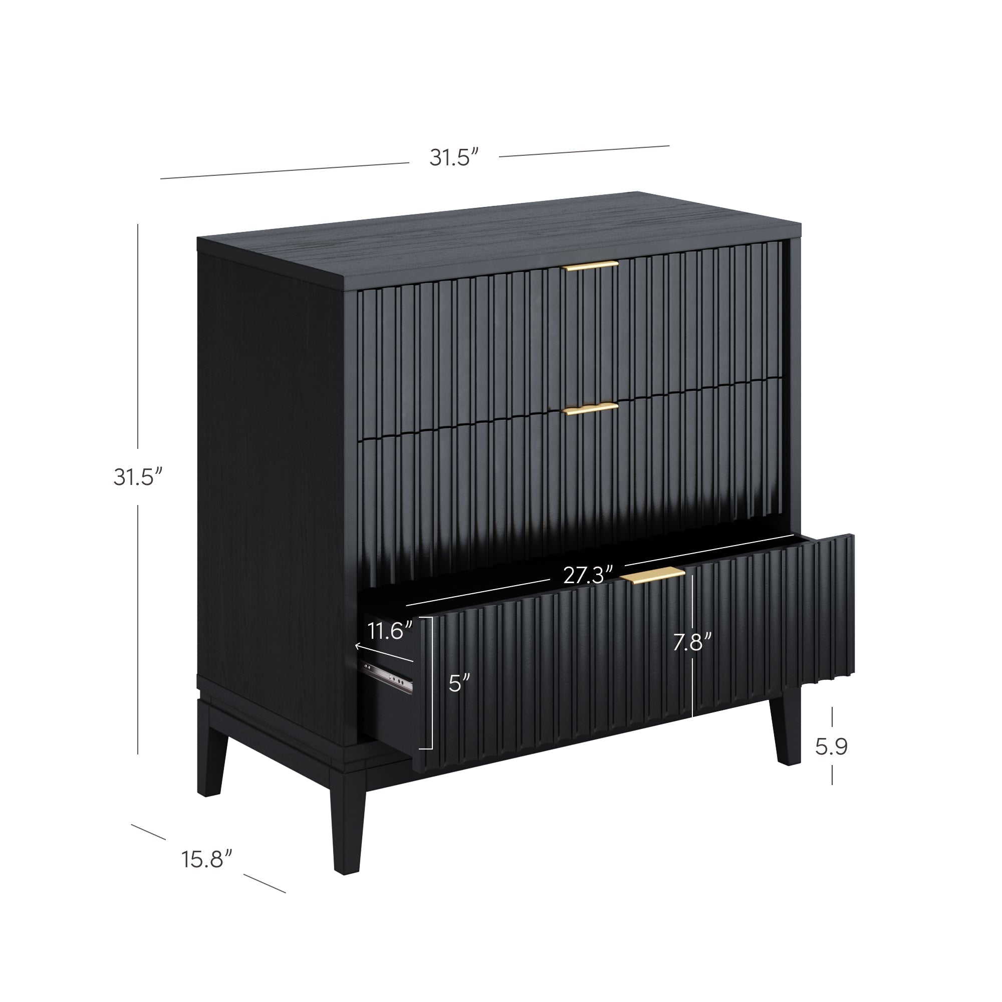 Mid-Century Fluted 3-Drawer Dresser Black Oak