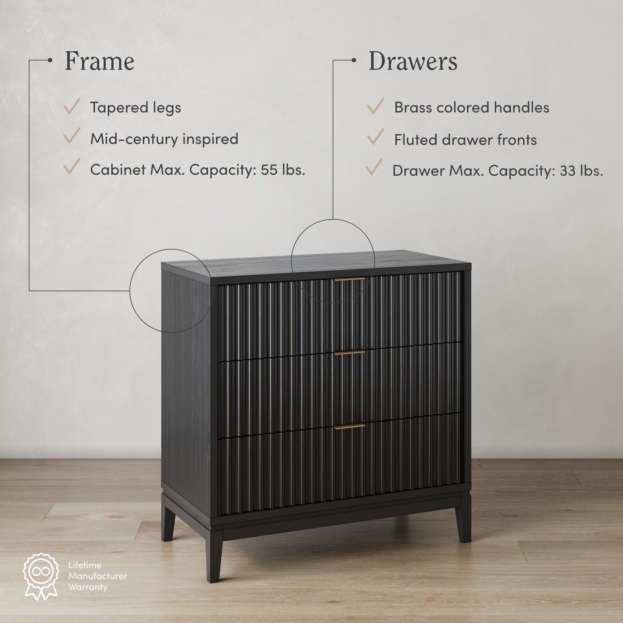 Mid-Century Fluted 3-Drawer Dresser Black Oak
