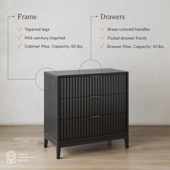 Mid-Century Fluted 3-Drawer Dresser Black Oak