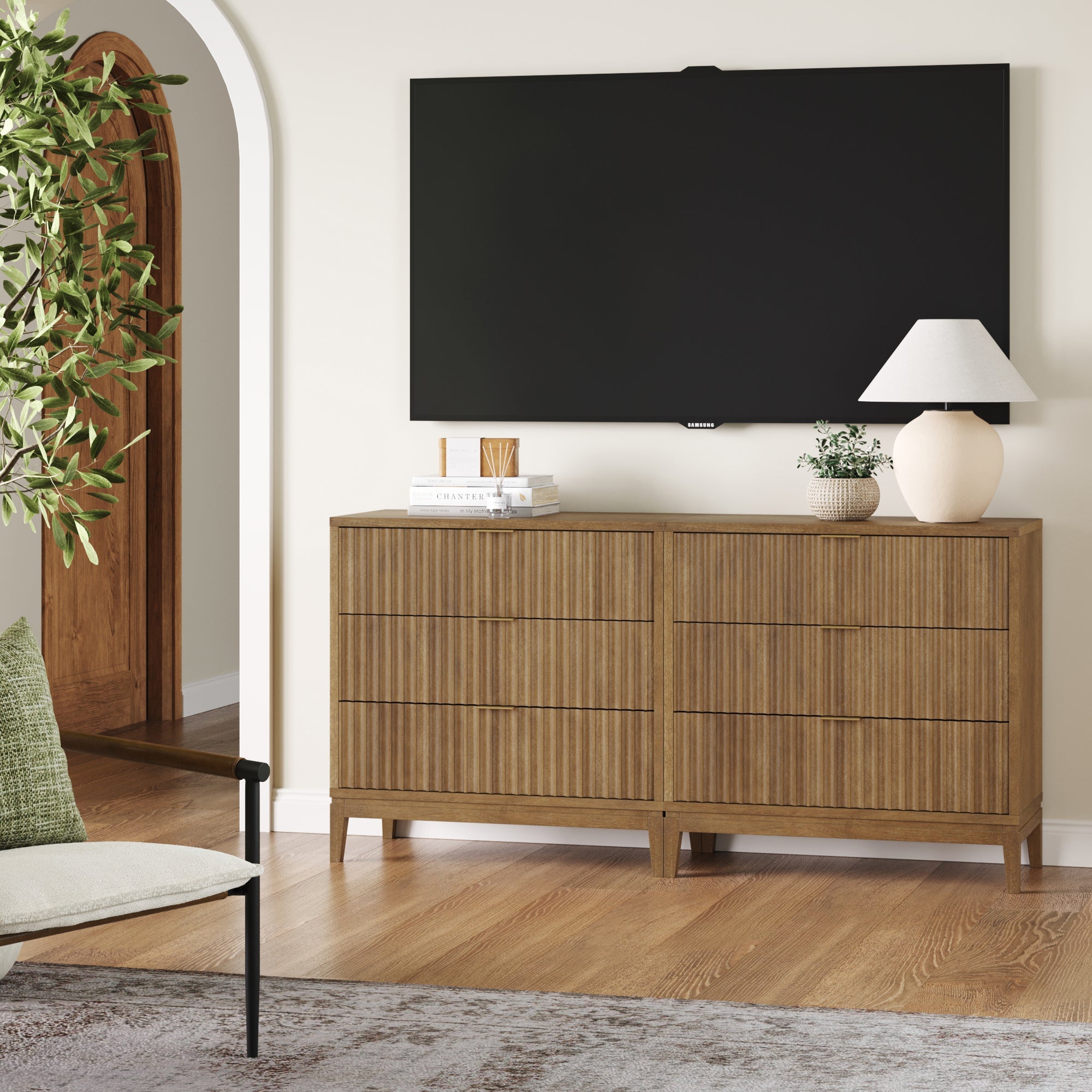 Bohemian Solid Wood 3-Drawer Fluted Dresser Light Brown (Set of 2)