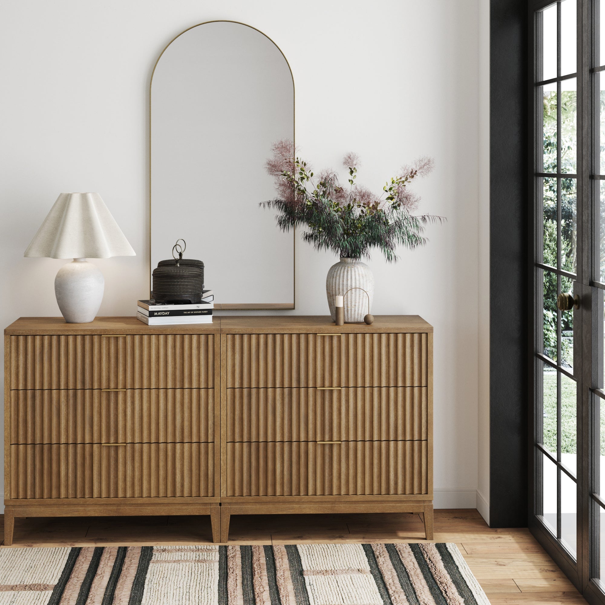 Bohemian Solid Wood 3-Drawer Fluted Dresser Light Brown (Set of 2)