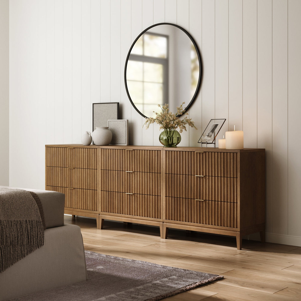Bohemian Solid Wood 3-Drawer Fluted Dresser Light Brown (Set of 3)