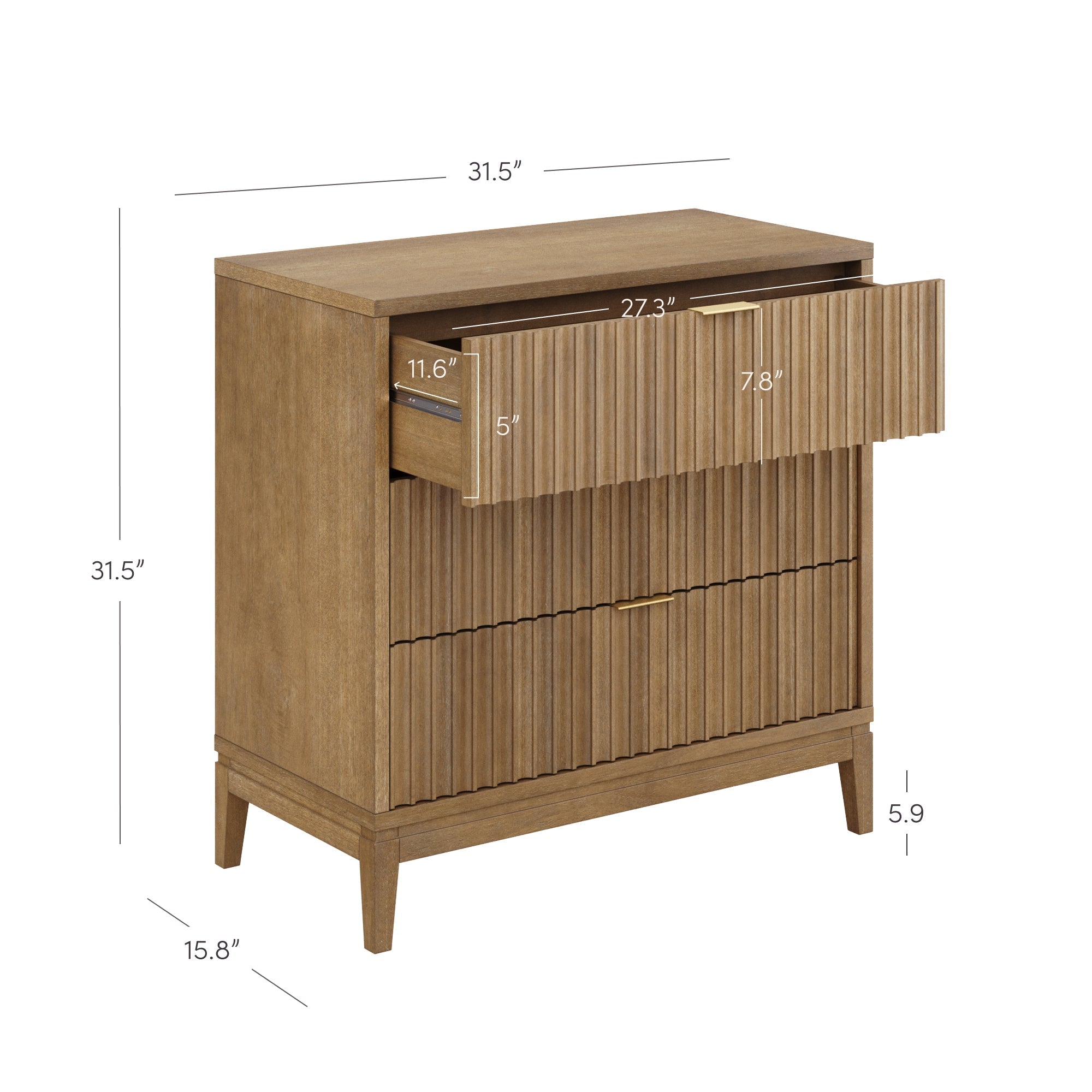 Bohemian Solid Wood 3-Drawer Fluted Dresser Light Brown