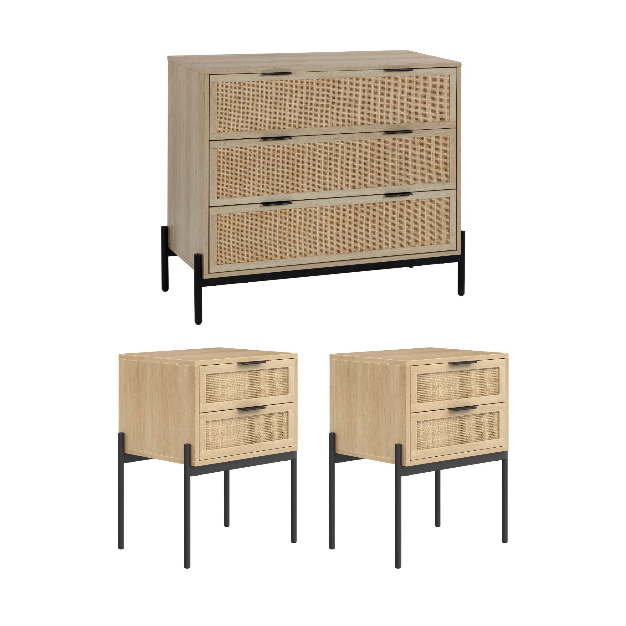 Oak Rattan Nightstand and Dresser Set with Drawers
