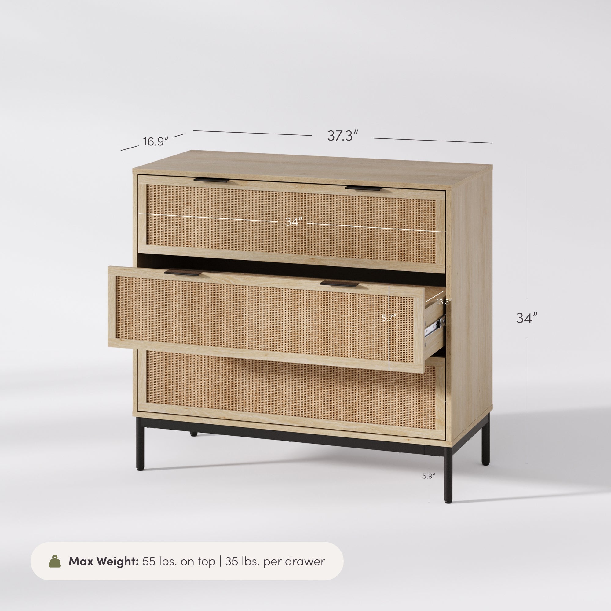 Rattan & Wood 3-Drawer Dresser Light Oak