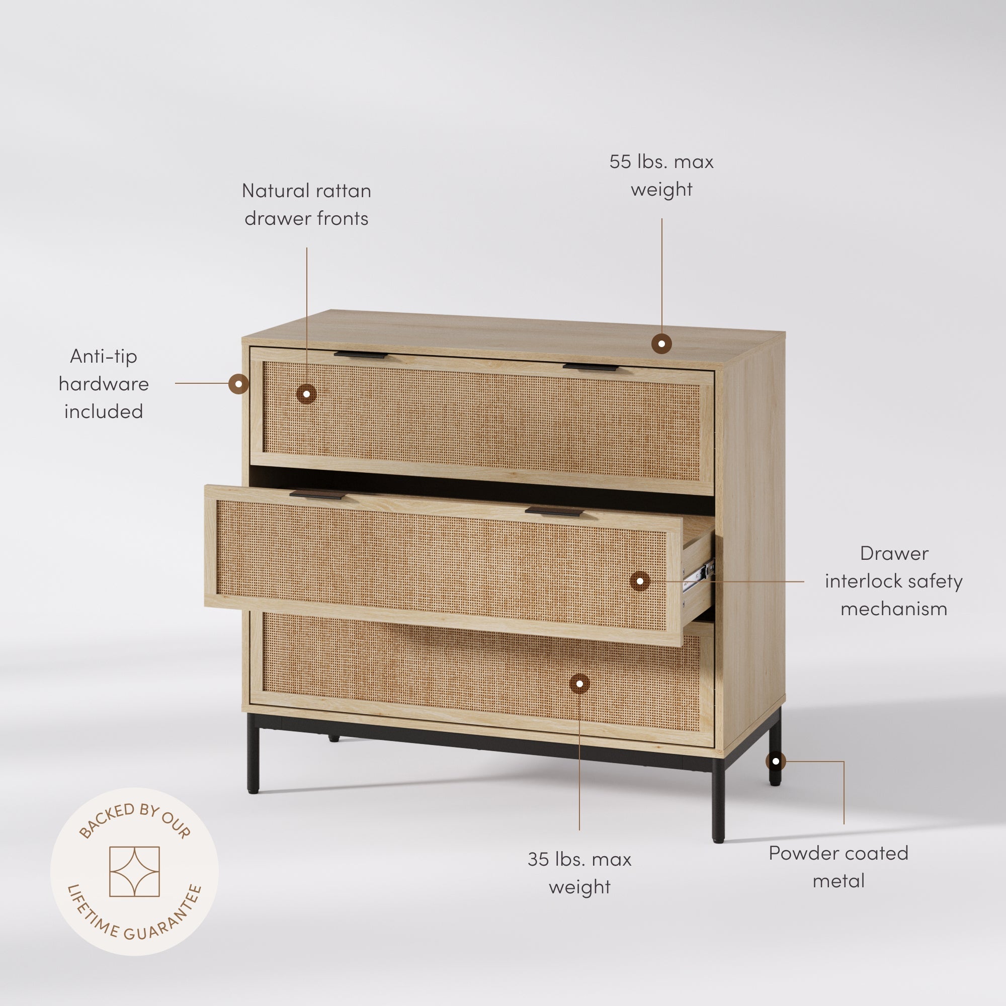 Rattan & Wood 3-Drawer Dresser Light Oak