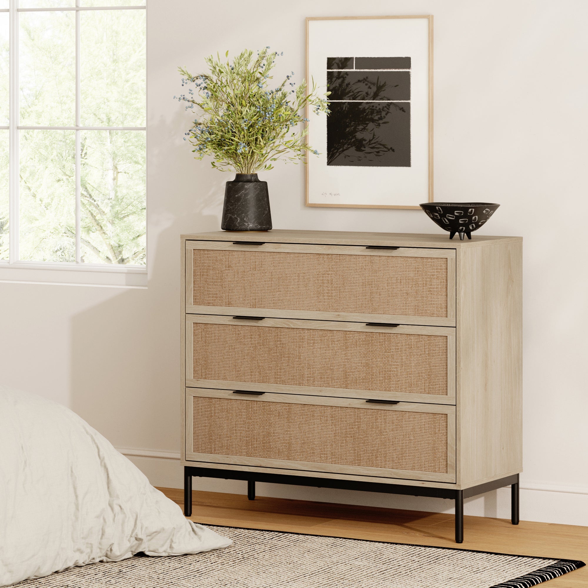 Rattan & Wood 3-Drawer Dresser Light Oak